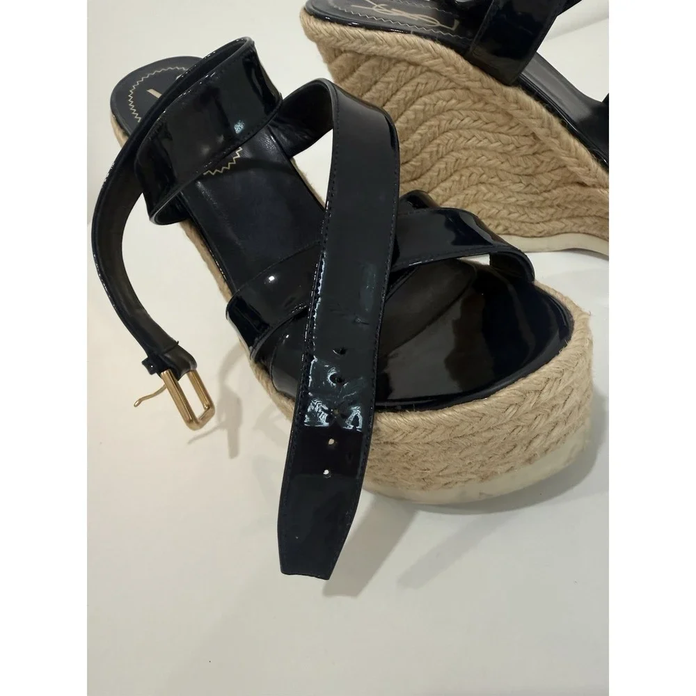 Yves Saint Laurent Espadrille Wedge Sandals Shoes Dark Blue Leather Size 37.5